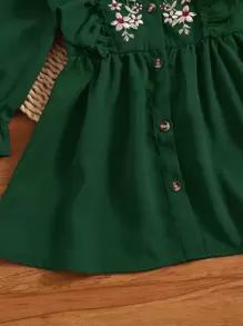 SHEIN Baby Girl Floral Embroidery Ruffle Trim Flare Sleeve Dress - Dark Green - View 3