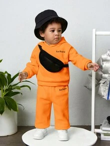 SHEIN 男嬰字母刺繡連帽衫和運動褲和包 - 橘色 - 查看 5