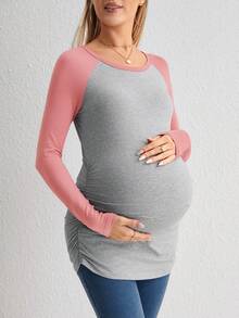 SHEIN Maternity Two Tone Raglan Sleeve Ruched Side Tee - Redwood - View 3