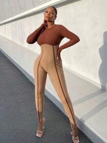 SHEIN SXY Color Block Patchwork Skinny Jumpsuit - Khaki - View 1