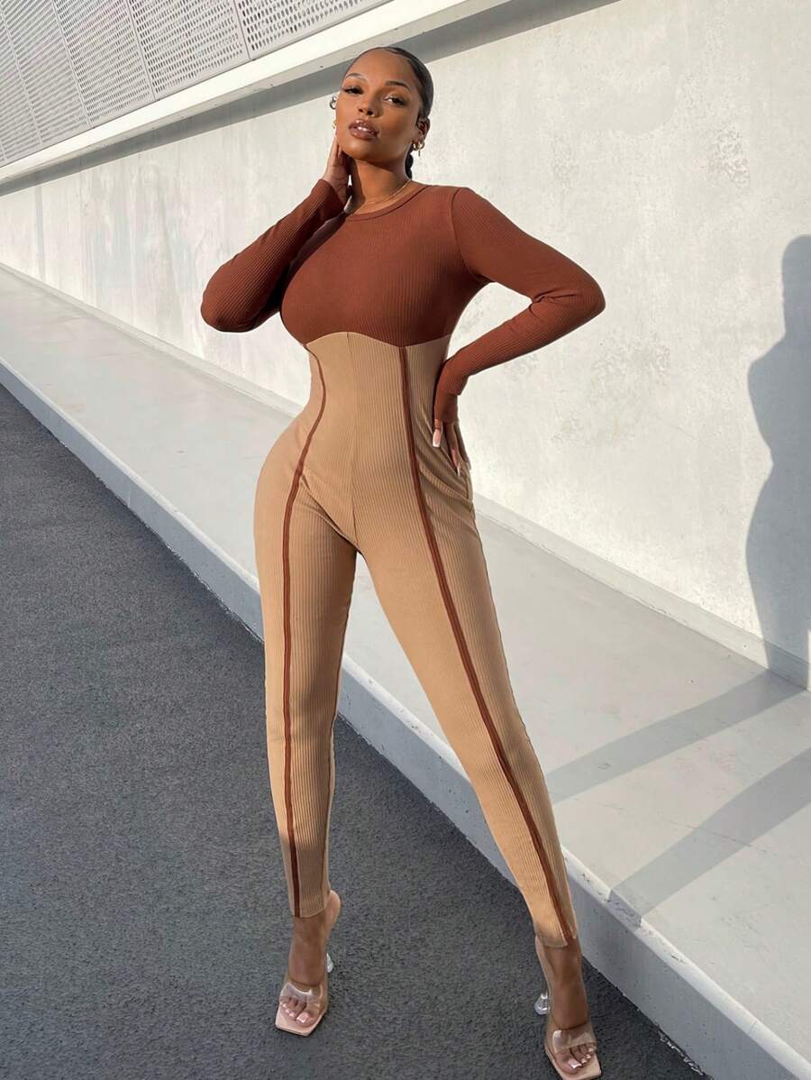 SHEIN SXY Color Block Patchwork Skinny Jumpsuit - Khaki - View 1