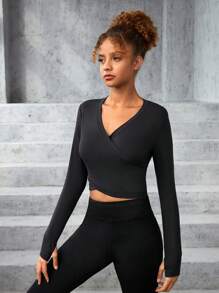 SHEIN Camisa Esportiva De Malha De Cor Sólida Cruzada Com Decote Em V Para Adolescente Do Sexo Feminino