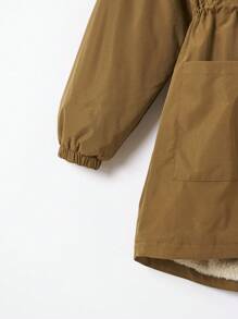 SHEIN EZwear Drawstring Waist Fuzzy Trim Hooded Thermal Lined Drawstring Waist Coat In Fall/Winter - Mocha Brown - View 5