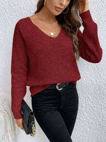 SHEIN LUNE Solid Raglan Sleeve Ribbed Knit Sweater,Long Sleeve Tops Knit Pullover Fall Winter Outfit