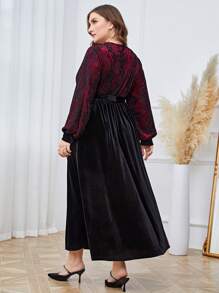 Modelyn Vestido de terciopelo rojo burdeos con mangas farol, encaje y cinturón - Burdeos - Ver 2