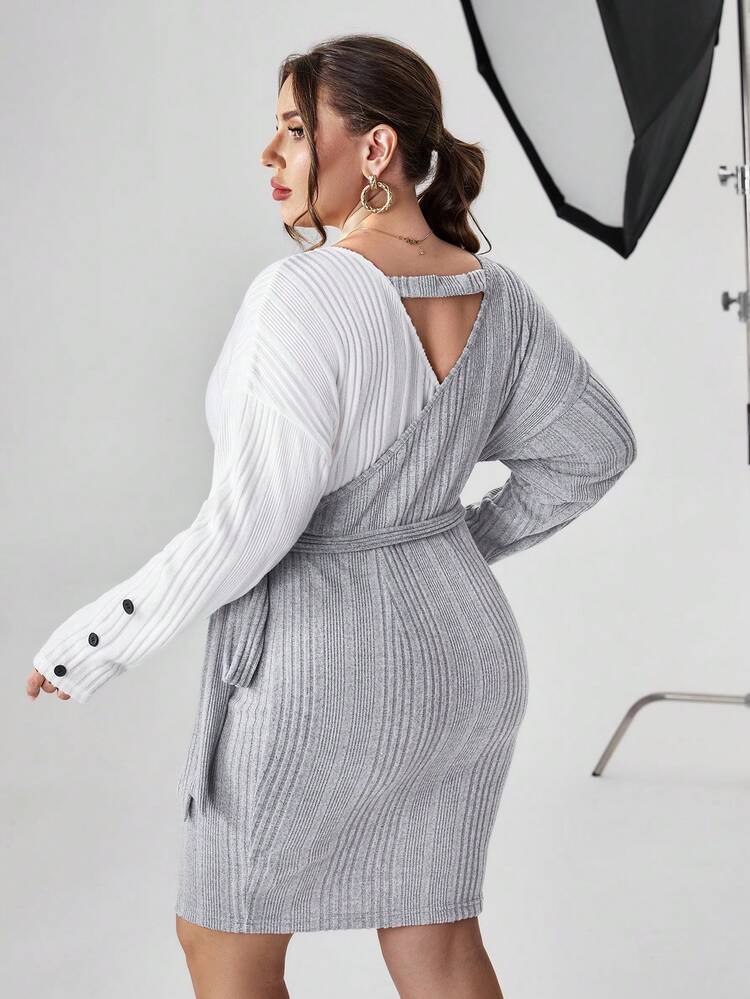 Plus Two Tone Wrap Knot Side Drop Shoulder Dress