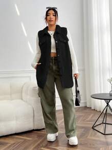 SHEIN EZwear Áo khoác vest Teddy có chi tiết vạt kép, cho mùa đông - màu đen - Xem 3