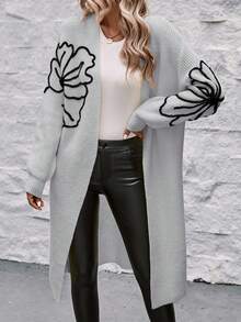 SHEIN LUNE Floral Pattern Drop Shoulder Duster Cardigan - Grey - View 5