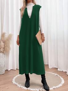 SHEIN LUNE Solid Sleeveless Tunic Dress Without Tee - Green - View 4