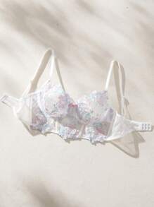 FloralLove Floral Embroidery Mesh Underwire Bra Lingerie - Baby Pink - View 5
