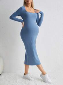 SHEIN Maternidad Vestido ajustado de cuello cuadrado de muslo con abertura tejido de canalé - Azul - Ver 3