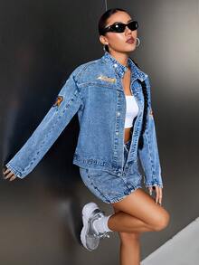 SHEIN ICON 字母補丁細節落肩袖牛仔夾克 - 中等水洗藍 - 查看 6