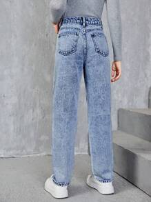 SHEIN Chica adolescente Jeans desgarro con bolsillo oblicuo - Azul lavado medio - Ver 2