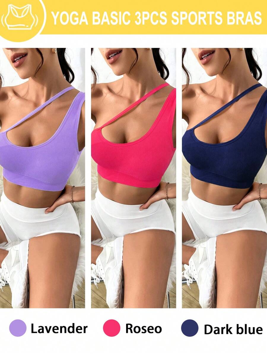 3pcs One Shoulder Cut Out Sports Bra - Multicolor - View 1