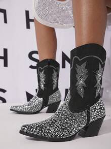 SHUZIA 水鑽細節粗跟靴子 - 黑色 - 查看 6