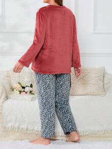 Plus Leopard & Heart Flannel PJ Set, Fall Winter Clothes - Multicolor - View 2