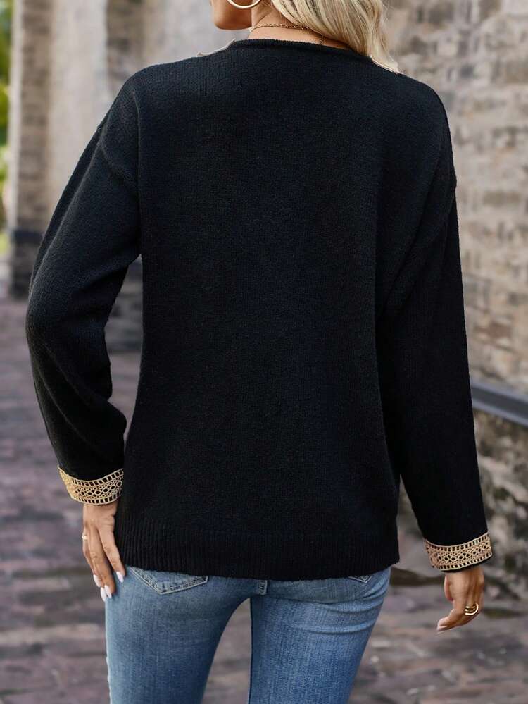 Guipure Lace Panel Drop Shoulder Knit Pullover Fall Winter Sweater
