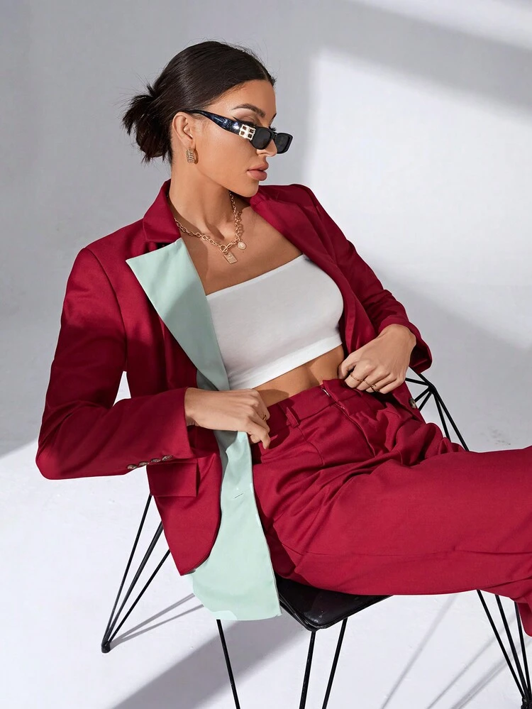 Colorblock Lapel Neck Blazer & Wide Leg Pants