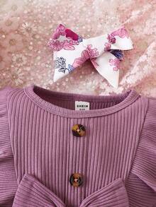 Baby Girls' Ruffle Trimmed Bowknot & Flower Printed Dress - White - View 3