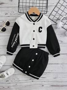 SHEIN Young Girl Letter Printed Contrast Color Baseball Collar Jacket And Skirt Set - Black and White - View 1