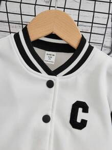 SHEIN Young Girl Letter Printed Contrast Color Baseball Collar Jacket And Skirt Set - Black and White - View 4