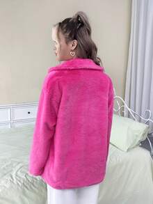 SHEIN EZwear Lapel Neck Open Front Fuzzy Coat - Hot Pink - View 2