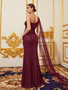 One Shoulder Split Thigh Sequin Prom Dress - Burgundy - View 2