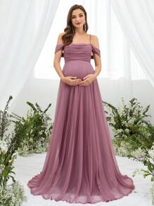Faeriesty Dressalisa Sophisticated Off-Shoulder Backless Babyshower Dresses With Adjustable Back Ties & Flowing A-Line Silhouette – Perfect For Baby Showers, Formal Events, Wedding Receptions, Gala Dinners, And Maternity Photoshoots