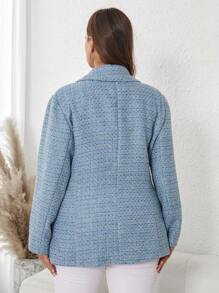SHEIN Clasi 加大格纹双纽扣粗花呢西装外套，适合秋冬毕业、返校、教师女士服装 - 藍色 - 查看 4