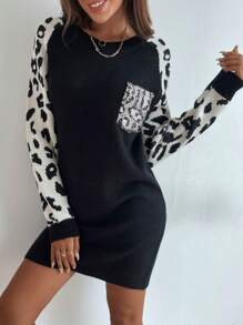 SHEIN Frenchy Hoa văn Báo Tay Raglan Tương phản Sequin Bảng Đầm Áo len - màu đen - Xem 1