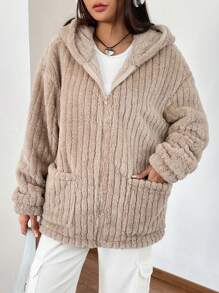 Muchica Túi Kép Thả vai áo có mũ Áo khoác Teddy - Màu Khaki - Xem 3