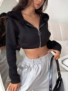 SHEIN Unity 毛边拉链短款连帽衫，适合毕业季、返校季、毕业典礼、教师节等场合，女士款，秋季返校季卫衣 - 黑色 - 查看 3