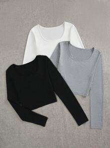 SHEIN Unity 3pcs Chất rắn Scoop Cổ Áo thun - Nhiều màu - Xem 3