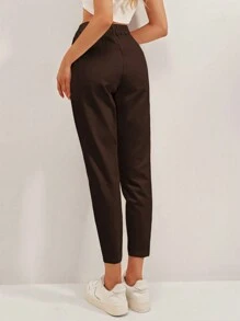SHEIN Cottnline Solid Fold Pleated Carrot Pants - Brown - View 2
