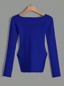 Cloudara Sweetheart Neck Ribbed Knit Sweater - Blue - View 2
