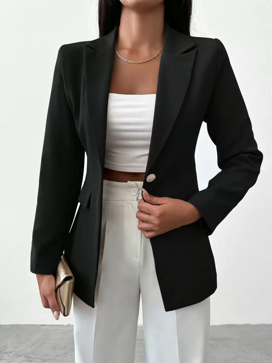 EURMUSE Lapel Neck Single Button Blazer - Black - View 1