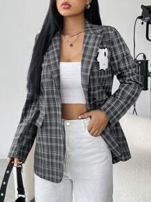 SHEIN Unity Plaid Print Letter Patched Detail Lapel Neck Blazer - Grey - View 5