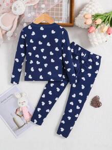 SHEIN Young Girl Rabbit & Heart Print Tee & Pants Snug Fit PJ Set - Royal Blue - View 2
