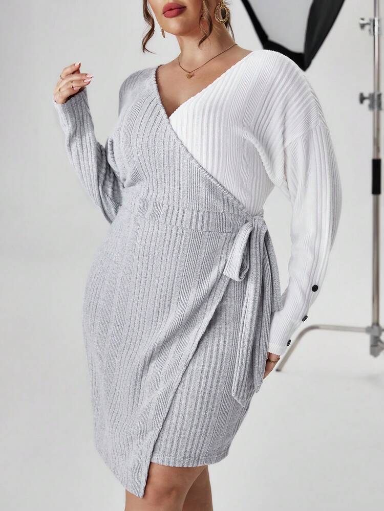 Plus Two Tone Wrap Knot Side Drop Shoulder Dress