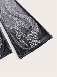 SHEIN ICON 水鑽火焰圖案喇叭褲 - 灰色 - 查看 3