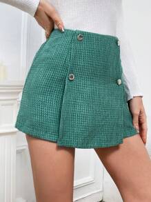 SHEIN Privé 高腰假鈕扣粗花呢裙裤 - 綠色 - 查看 4