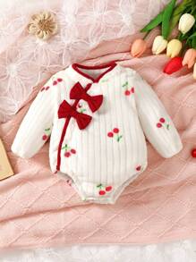 SHEIN Baby Girl Cherry Print Bow Front Contrast Binding Bodysuit - White - View 1