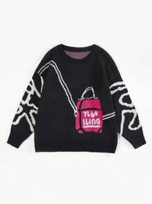 Flirla Plus Bag & Letter Pattern Drop Shoulder Sweater