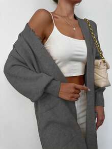 EURMUSE Dual Pocket Drop Shoulder Longline Duster Cardigan - Dark Grey - View 4