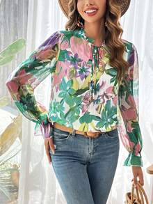 SHEIN VCAY 女士花卉印花領帶襯衫 - 彩色 - 查看 6