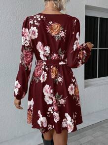 SHEIN Clasi In hoa Tay áo lồng đèn Váy có thắt lưng - Màu Đỏ Sâu - Xem 2