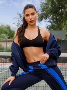 VARSITIE Two Tone Drawstring Waist Zip Up Jacket - Navy Blue - View 5