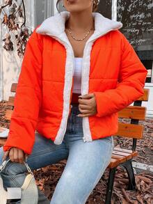 SHEIN Unity Teddy Lined Zip Up Padded Padded Coat Clothes Winter - Orange - View 4