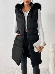 SHEIN Frenchy 毛茸邊連帽羽絨背心大衣 - 黑色 - 查看 1