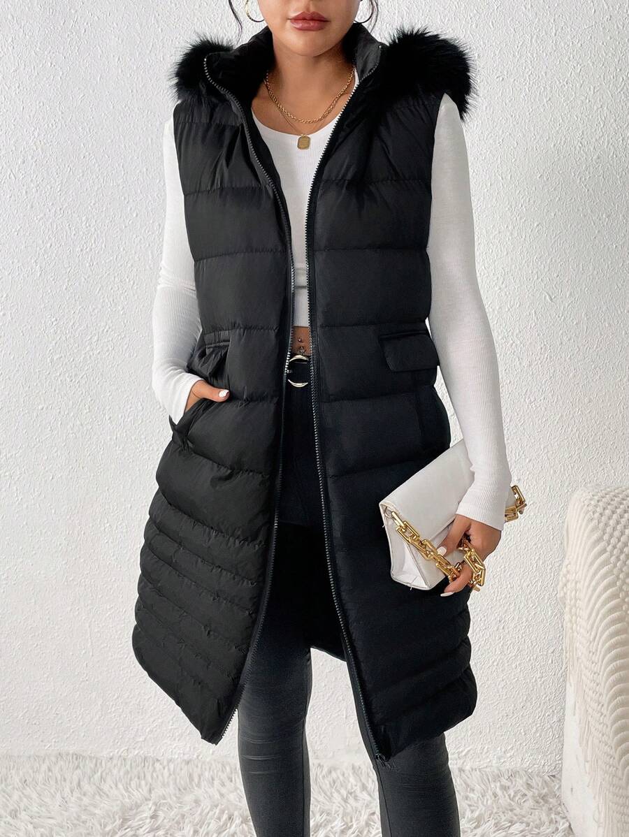 SHEIN Frenchy 毛茸邊連帽羽絨背心大衣 - 黑色 - 查看 1